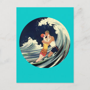 Cartão Postal Ilustração de Vintage dos Surfer Lovers Kissing