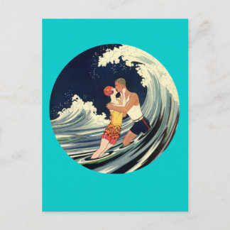 Cartão Postal Ilustração de Vintage dos Surfer Lovers Kissing