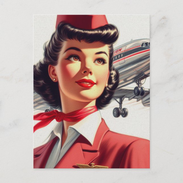 Cartão Postal Ilustração de Vintage Stewardess (Frente)