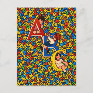Cartão Postal Ilustração do Alfabeto Infantil Vintage ABC