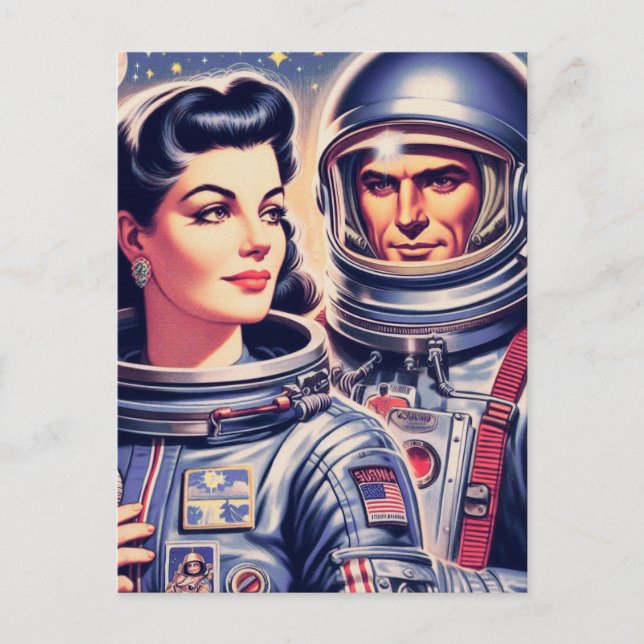 Cartão Postal Ilustração do Astronauta Vintage (Frente)
