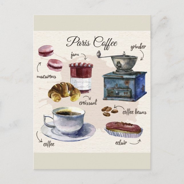 Cartão Postal Ilustração do café e da pastelaria de Paris (Frente)