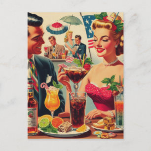 Cartão Postal Ilustração do Casal Vintage Drinks 1950s