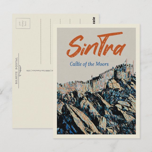 Cartão Postal Ilustração do castelo Sintra Moors Portugal (Frente/Verso)