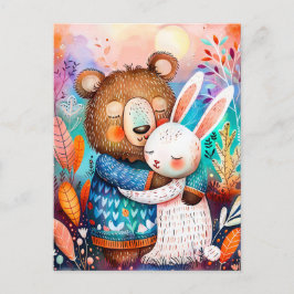 Cartão Postal Ilustração do coelho abraçador de urso na floresta