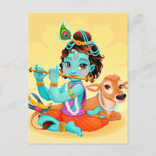 Cartão Postal Ilustração do Deus indiano Krishna tocando flauta