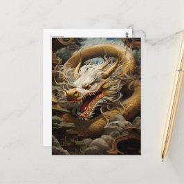 Cartão Postal Ilustração do Dragão Oriental Amarelo e Branco