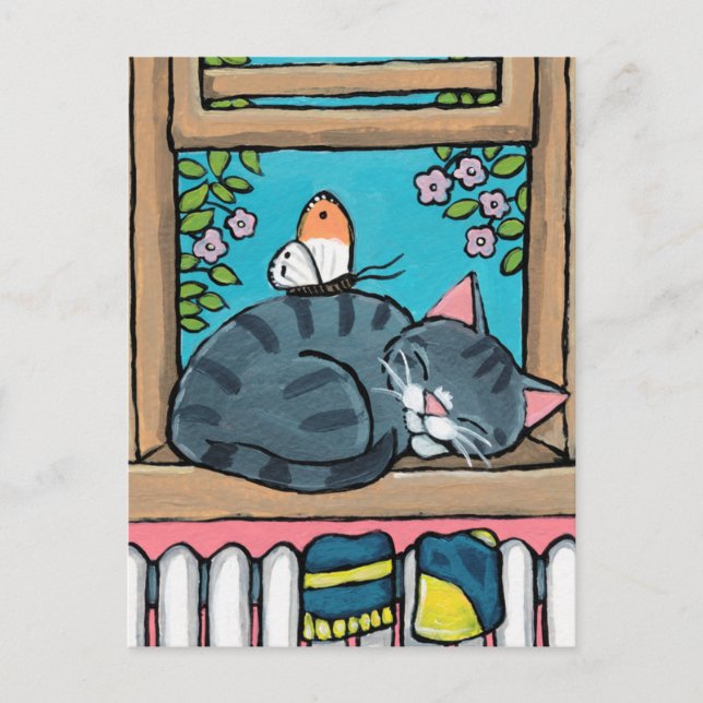 Cartão Postal Ilustração do gato e da borboleta de gato malhado (Frente)