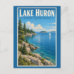 Cartão Postal Ilustração do Lago Huron Viagem Arte Vintage