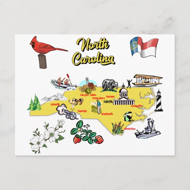 Cartão Postal Ilustração do Mapa da Carolina do Norte (Frente)