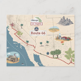 Cartão Postal Ilustração do Mapa de Viagem Antigo da Rota 66