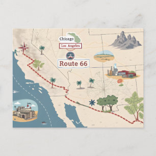 Cartão Postal Ilustração do Mapa de Viagem Antigo da Rota 66