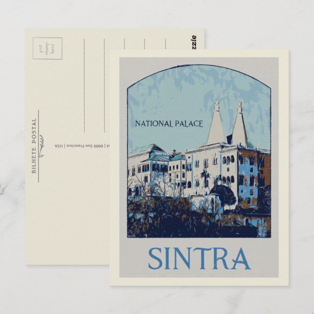 Cartão Postal Ilustração do palácio nacional Sintra Portugal (Frente/Verso)