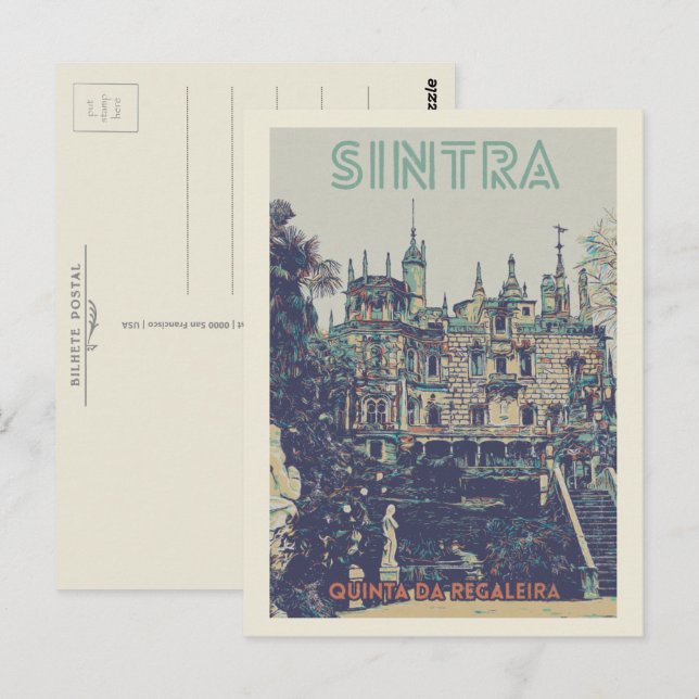 Cartão Postal Ilustração do palácio Sintra Regaleira Portugal (Frente/Verso)