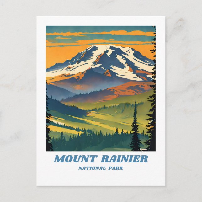 Cartão Postal Ilustração do Parque Nacional do Monte Rainier, re (Frente)