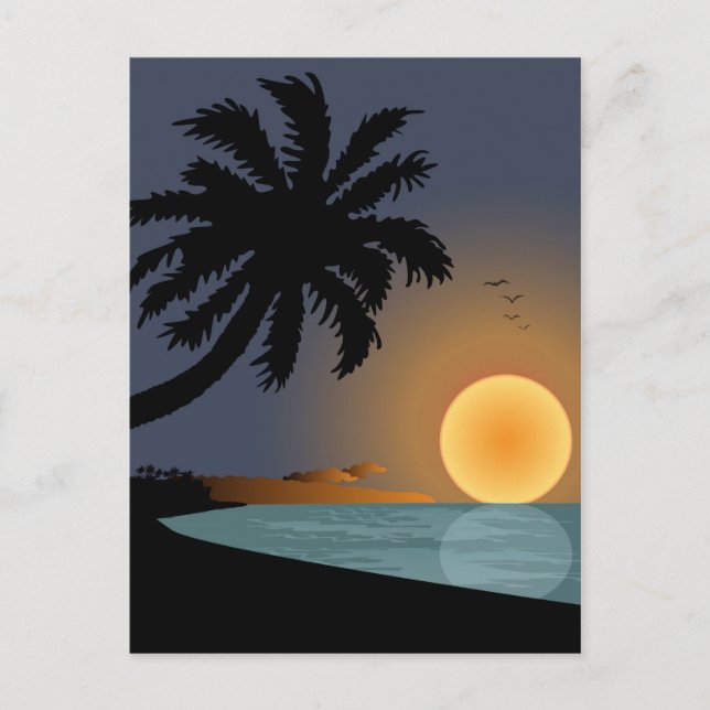 Cartão Postal Ilustração do pôr do sol de verão com palmeira (Frente)