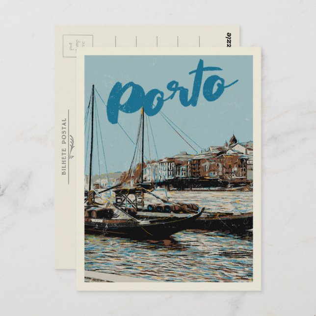 Cartão Postal Ilustração do Rio Porto Douro Portugal (Frente/Verso)
