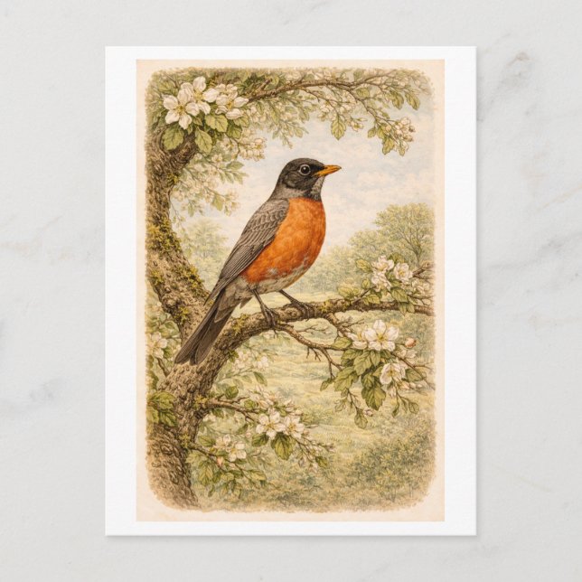 Cartão Postal Ilustração do Robin Americano em Estilo Vintage (Frente)