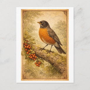 Cartão Postal Ilustração do Robin Americano em Estilo Vintage