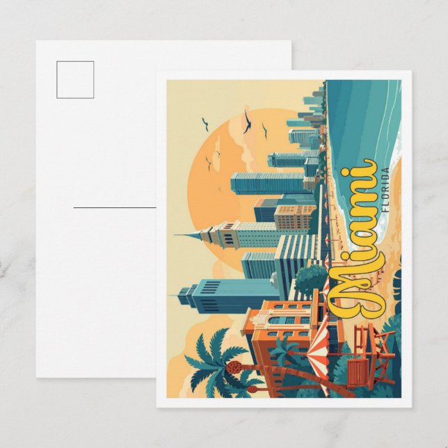 Cartão Postal Ilustração do Viagem de Arte Pop de Miami Florida (Frente/Verso)
