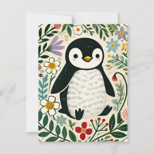 Cartão Postal Ilustração dos Amantes de Pinguim de Flor Selvagem