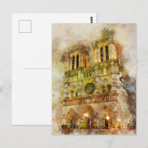 Cartão Postal Ilustração em Aquarela da Catedral de Notre Dame P