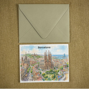Cartão Postal Ilustração em Aquarela da Cidade de Barcelona, Esp