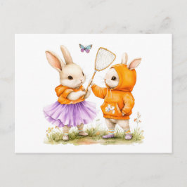 Cartão Postal Ilustração em Aquarela de Dois Coelhos Apanhando B