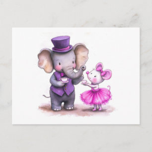 Cartão Postal Ilustração em Aquarela de Elefante e Rato Havi