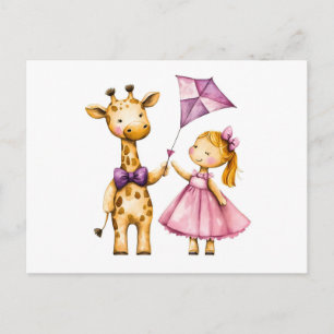Cartão Postal Ilustração em Aquarela de Girafa e Menina Voando