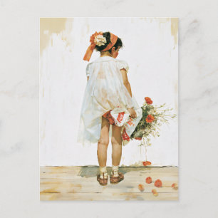 Cartão Postal Ilustração em Aquarela de Menina com Flores