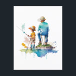 Cartão Postal Ilustração em Aquarela de Pai e Filho Arte de IA<br><div class="desc">Ilustração em aquarela de um pai e um filho pescando juntos no lago arte de IA.</div>