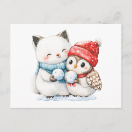 Cartão Postal Ilustração em Aquarela de Raposa Ártica e Coruja c