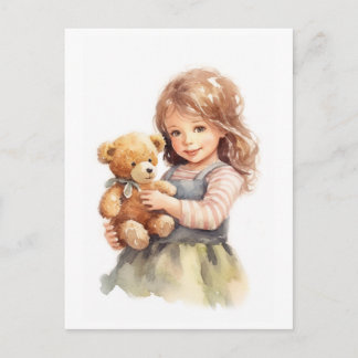 Cartão Postal Ilustração em Aquarela de Urso de Pelúcia e Menina