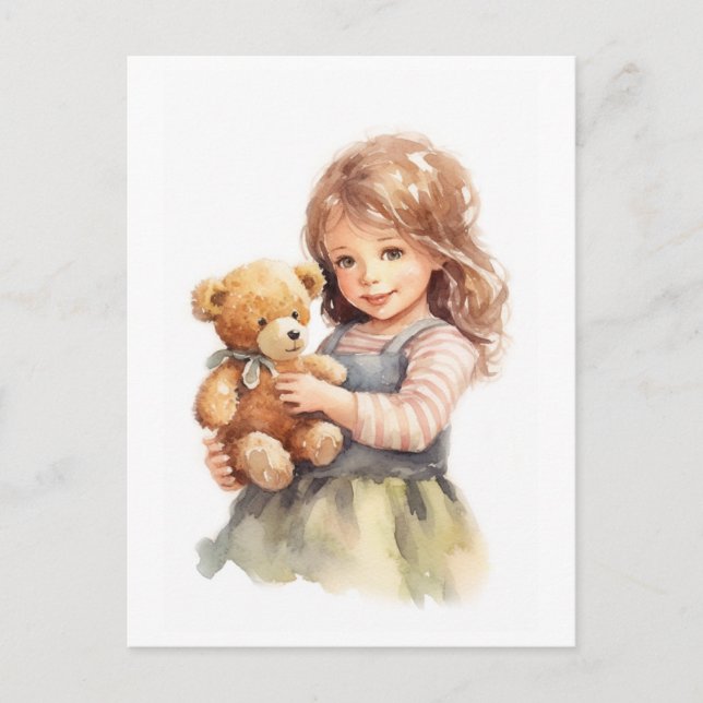 Cartão Postal Ilustração em Aquarela de Urso de Pelúcia e Menina (Frente)