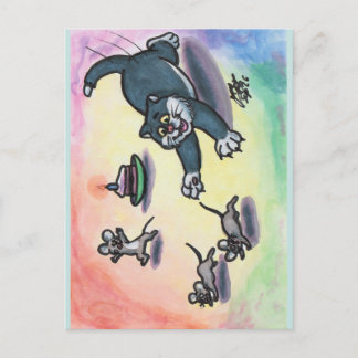 Cartão Postal Ilustração em Aquarela Gato Cartoon Bolo Rato