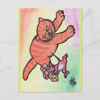Cartão Postal Ilustração em aquarela Gato Rato Queijo cartoon
