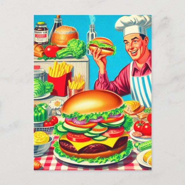 Cartão Postal Ilustração em Quadrinhos Retro Hamburger (Frente)