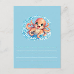 Cartão Postal Ilustração Feliz de um Polvo Fofo Kawaii da Vida M