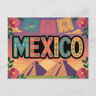 Cartão Postal Ilustração Festiva do México com Pirâmides