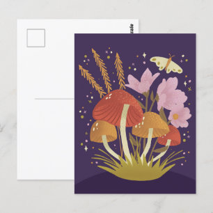 Cartão Postal Ilustração Floral de Cogumelos Woodland