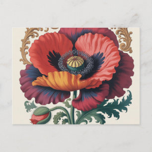Cartão Postal Ilustração Floral de Papoula Vintage Ornamentada
