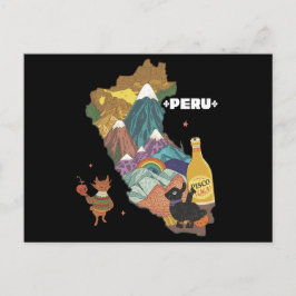 Cartão Postal Ilustração Fofa por Mapa Machu Picchu e Alpaca