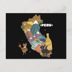 Cartão Postal Ilustração Fofa por Mapa Machu Picchu e Alpaca