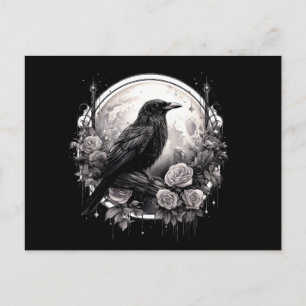 Cartão Postal Ilustração Gótica de Raven, Lua e Rosa