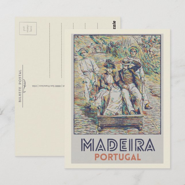 Cartão Postal Ilustração Madeira carreiros do monte Portugal (Frente/Verso)