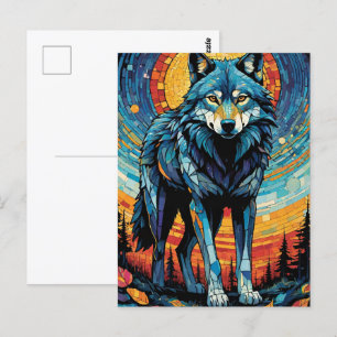 Cartão Postal Ilustração Mosaica Colorida do Lobo Majestoso