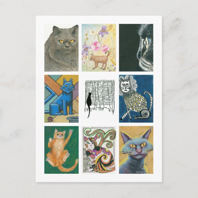 Cartão Postal Ilustração Múltiplos Artistas de Nove Gatos (Frente)