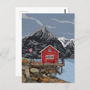 Cartão Postal Ilustração paisagística de Rorbu Lofoten Bergen No
