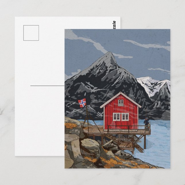 Cartão Postal Ilustração paisagística de Rorbu Lofoten Bergen No (Frente/Verso)